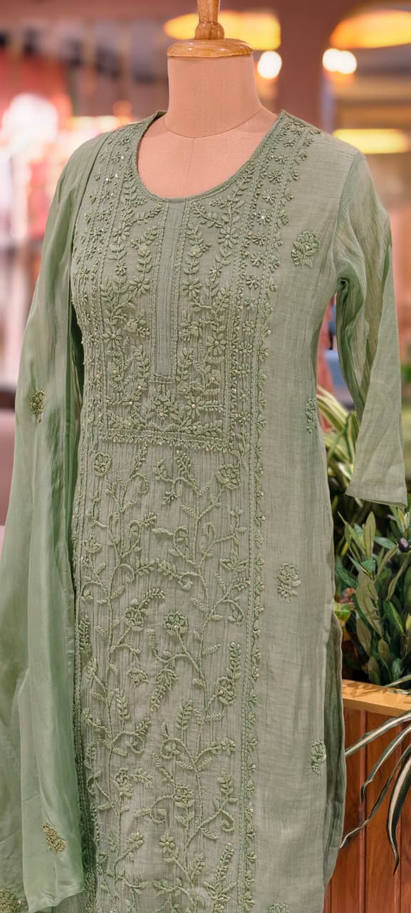 Premium Crush Mul Chanderi Fabric Straight Cut Full Suit Set with Intricate Self Thread Embroidery 14084 RB96