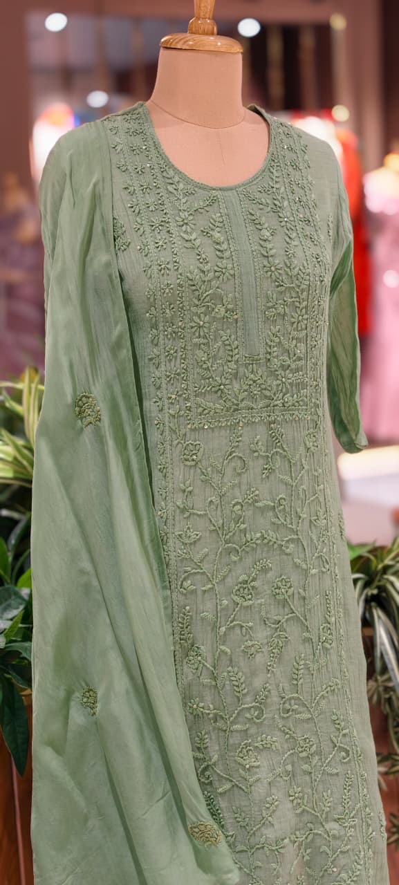 Premium Crush Mul Chanderi Fabric Straight Cut Full Suit Set with Intricate Self Thread Embroidery 14084 RB96