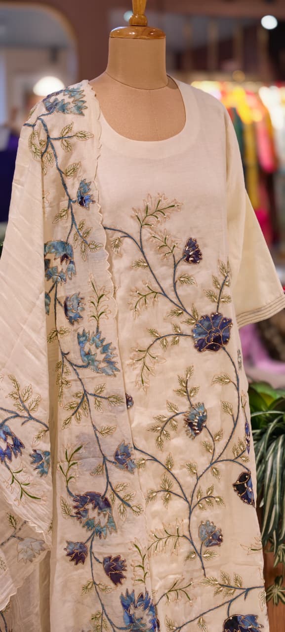 Elegant Soft Mul Chanderi Straight Cut Suit Set with Intricate Floral Embroidery- 14029 RB107