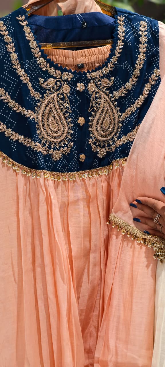 Premium Zardosi Mul Chanderi A-Line Full Suit Set with Heavy Hand-Embroidered Zari & Thread Work Yoke 14026 RB106