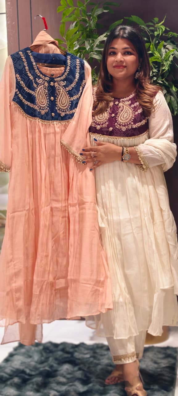 Premium Zardosi Mul Chanderi A-Line Full Suit Set with Heavy Hand-Embroidered Zari & Thread Work Yoke 14026 RB106