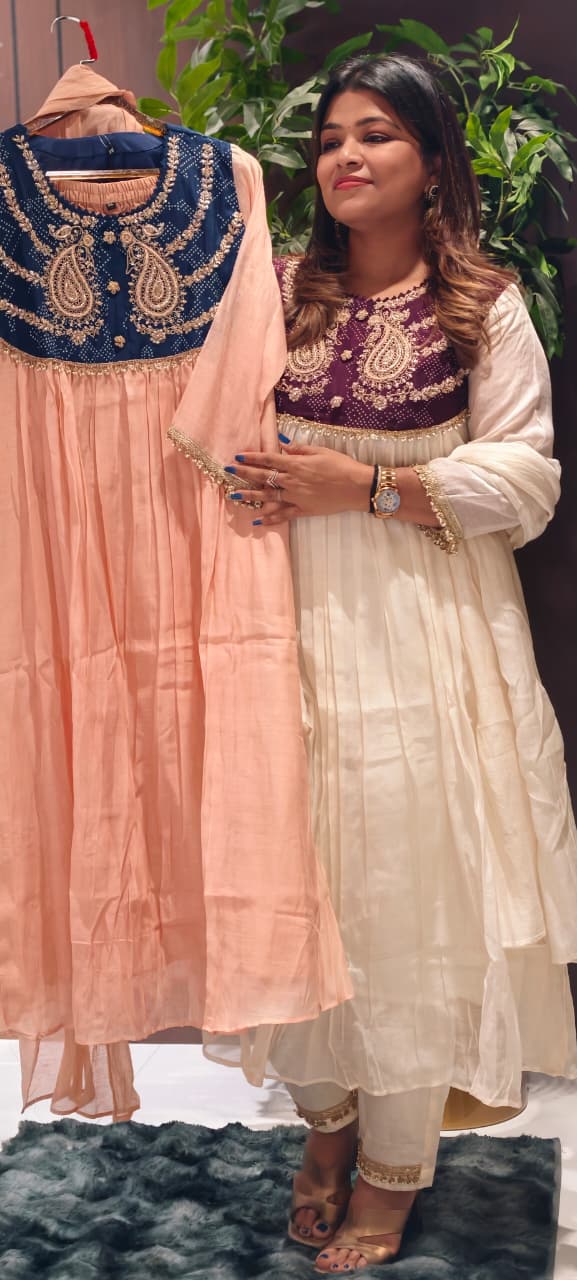Premium Zardosi Mul Chanderi A-Line Full Suit Set with Heavy Hand-Embroidered Zari & Thread Work Yoke 14026 RB106