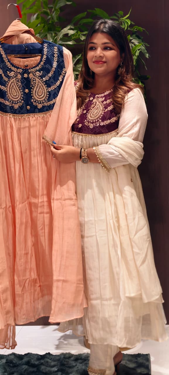Premium Zardosi Mul Chanderi A-Line Full Suit Set with Heavy Hand-Embroidered Zari & Thread Work Yoke 14026 RB106
