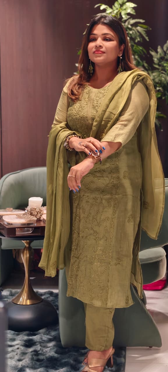 Premium Crush Mul Chanderi Fabric Straight Cut Full Suit Set with Intricate Self Thread Embroidery 14084 RB96