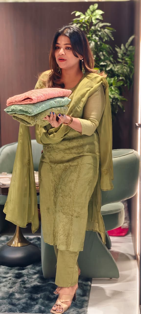 Premium Crush Mul Chanderi Fabric Straight Cut Full Suit Set with Intricate Self Thread Embroidery 14084 RB96