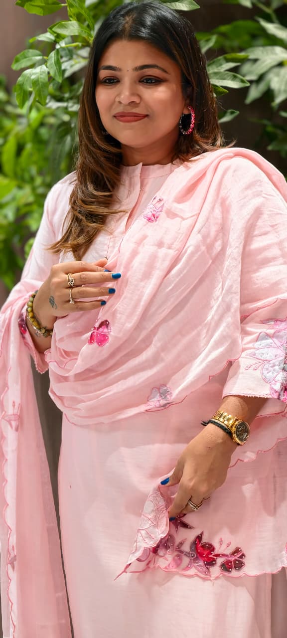 Very Smart Look Solid Mul Chanderi Full Suit Set With Dupatta With Minimal Embroidery Work Downside In Mul Chanderi Fabric-RB108-14031