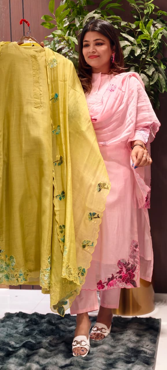Very Smart Look Solid Mul Chanderi Full Suit Set With Dupatta With Minimal Embroidery Work Downside In Mul Chanderi Fabric-RB108-14031