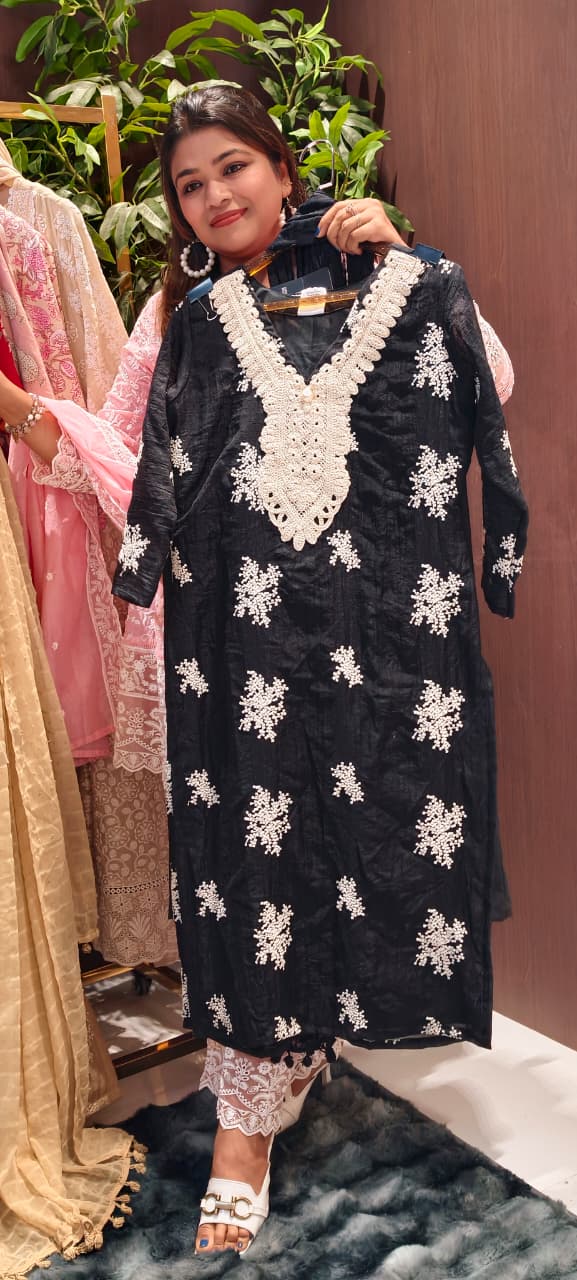 Crochet Lace Detailed Thread-Work Ethnic Ensemble Premium Cotton Full Suit Set With Dupatta-13685 RB131