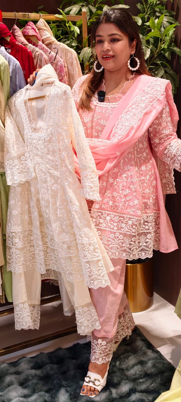 Soft Pastel Embroidered Ensemble Elegant Chikankari Style Peplum Short Kurta Full Suit Set -14023 RB30