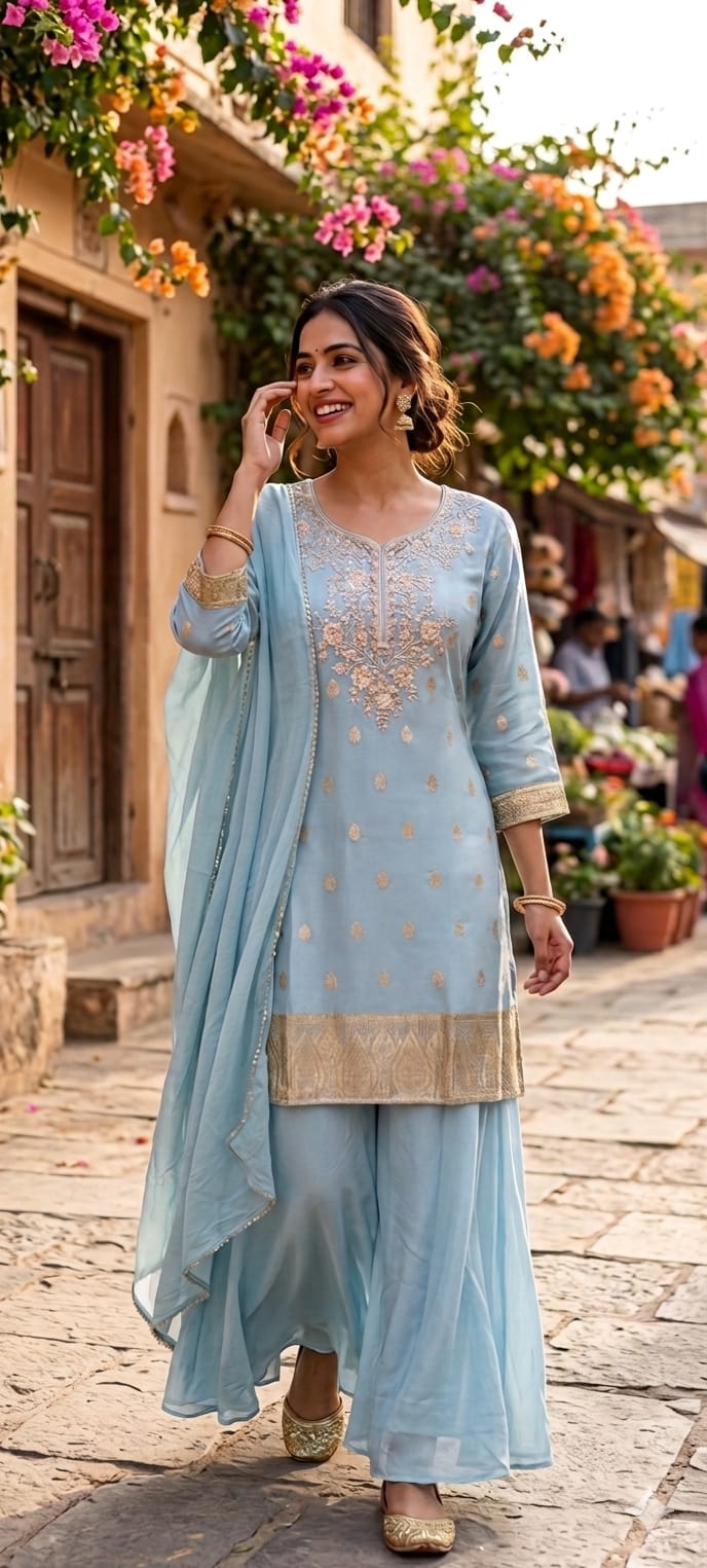 Pastel Toned Golden Handworked Elegant Sharara Full Suit Set Dupatta In Silk Fabric-13916 RB117