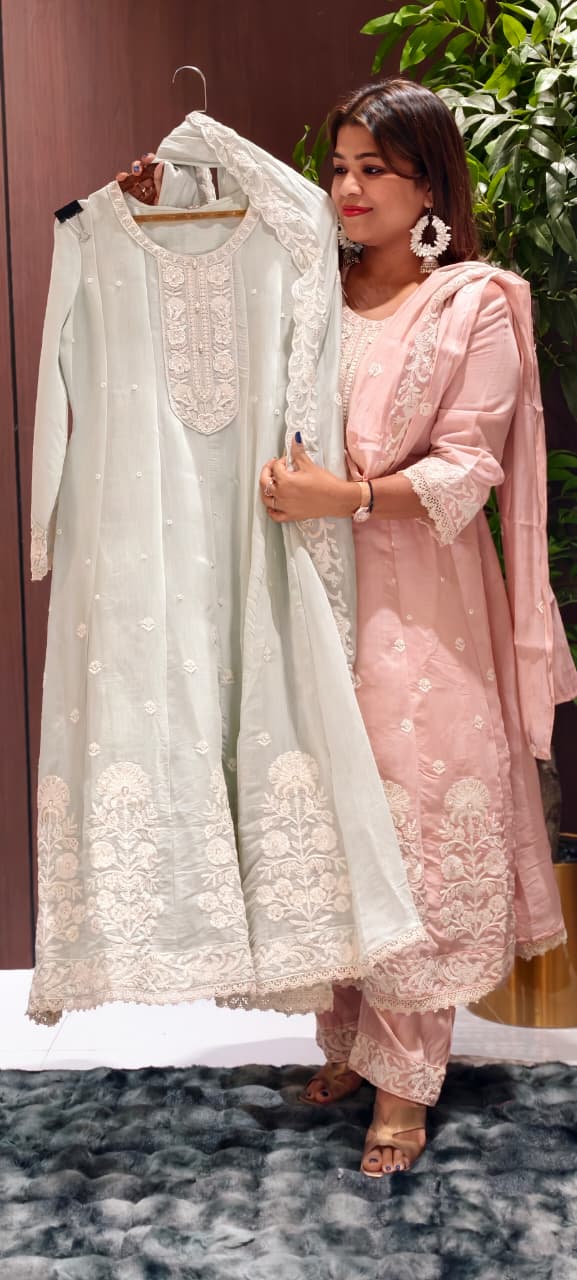 Soft Premium Intricate Floral Embroidery Panel Anarkali Pastel Shaded Full Suit Set With Dupatta- 14116 RB125
