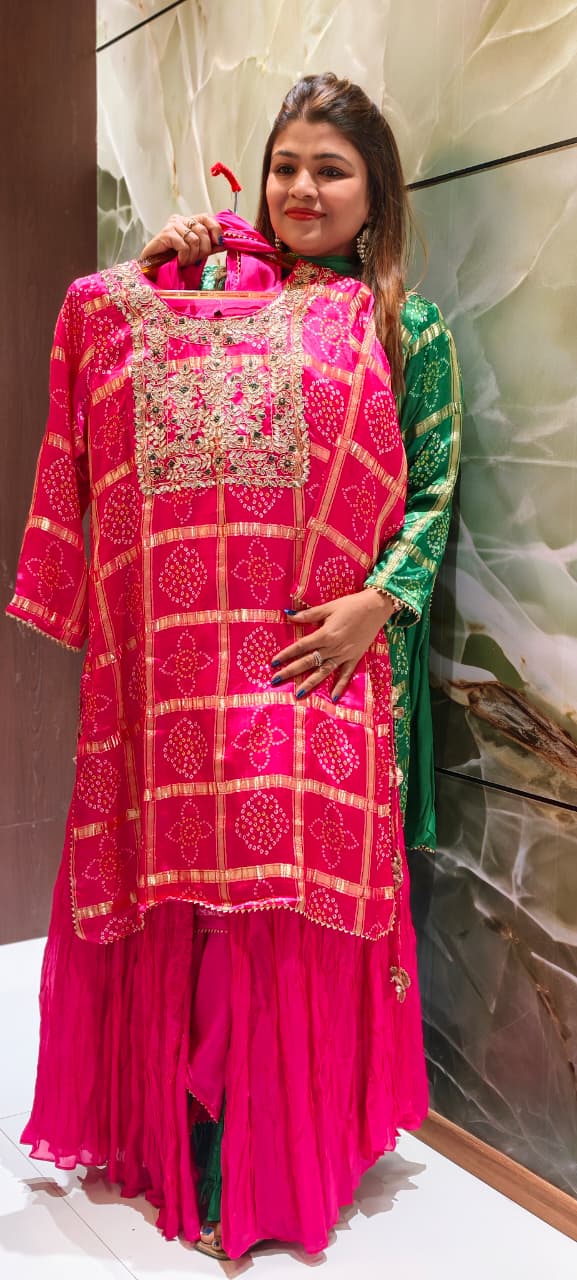 Ghatchola Festive Inspired Gotta Wok Bandhej Full Suit Set With Sharara Bottom & Dupatta In Gajji Silk Fabric- 13918 RB118