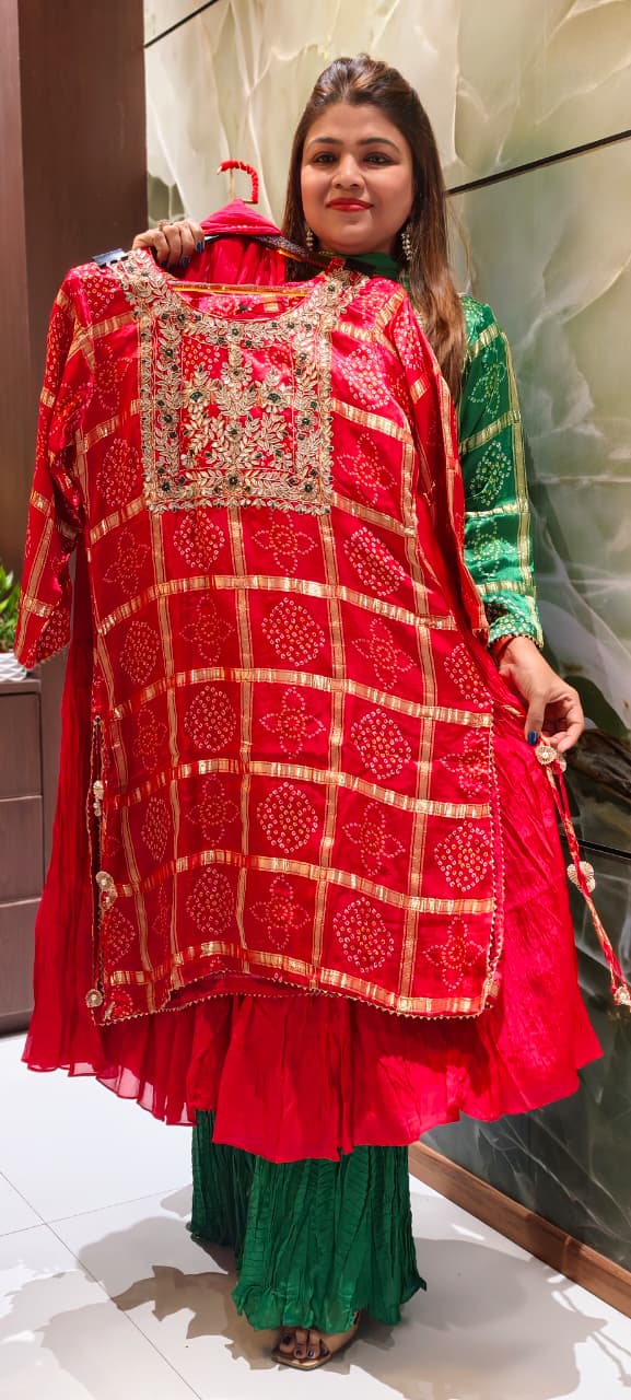 Ghatchola Festive Inspired Gotta Wok Bandhej Full Suit Set With Sharara Bottom & Dupatta In Gajji Silk Fabric- 13918 RB118