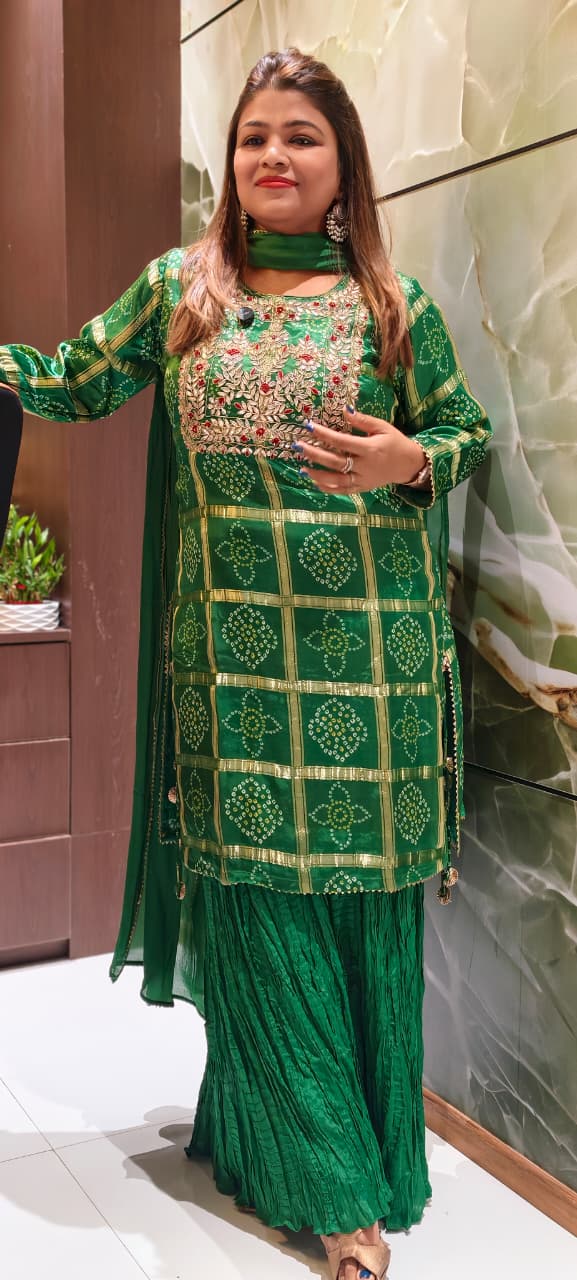 Ghatchola Festive Inspired Gotta Wok Bandhej Full Suit Set With Sharara Bottom & Dupatta In Gajji Silk Fabric- 13918 RB118
