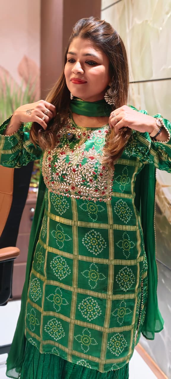 Ghatchola Festive Inspired Gotta Wok Bandhej Full Suit Set With Sharara Bottom & Dupatta In Gajji Silk Fabric- 13918 RB118
