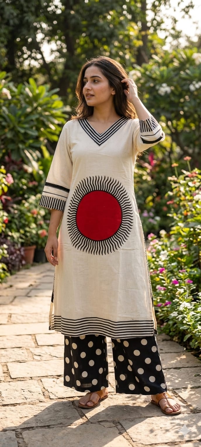 Sun Inspired Printed Kurta With Polka Dotted Pant In Premium Mul Cotton Fabric- 14139 RB145