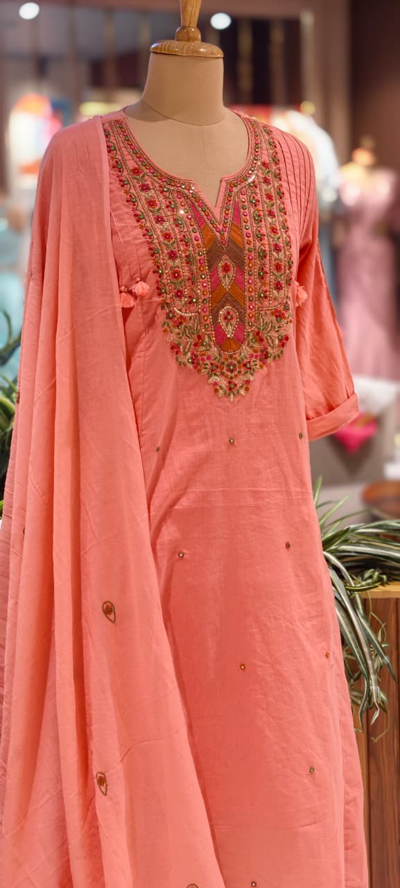 Boho Chic Intricate Multicolor Thread Embroidery A-Line Full Suit Set With Dupatta In Silli Cotton Fabric- 14151 RB153