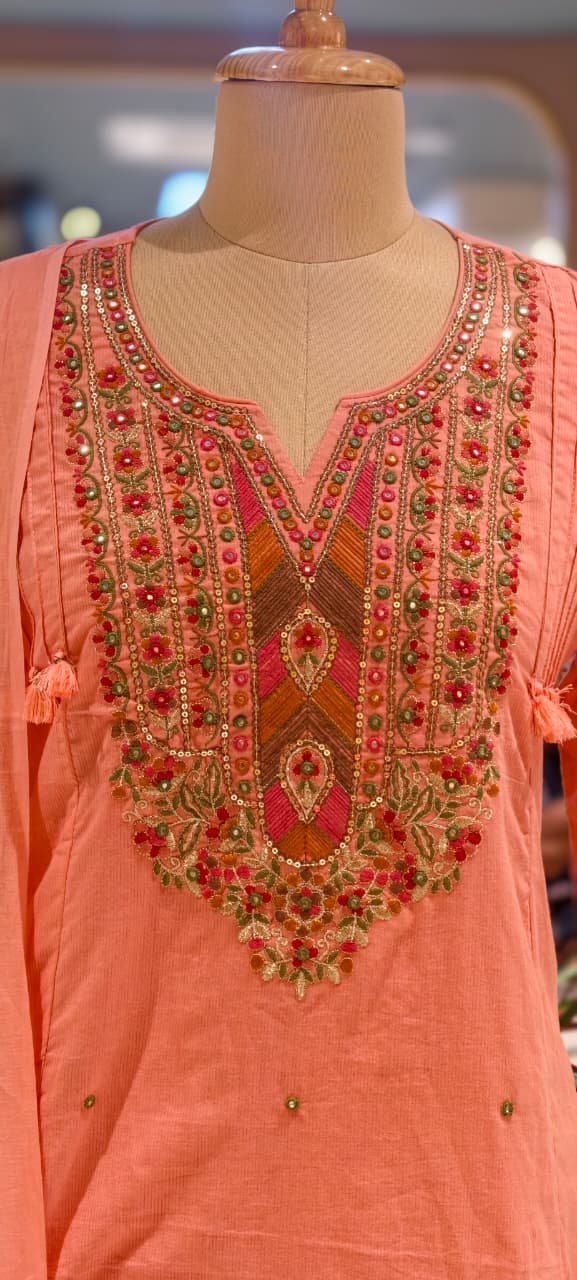 Boho Chic Intricate Multicolor Thread Embroidery A-Line Full Suit Set With Dupatta In Silli Cotton Fabric- 14151 RB153