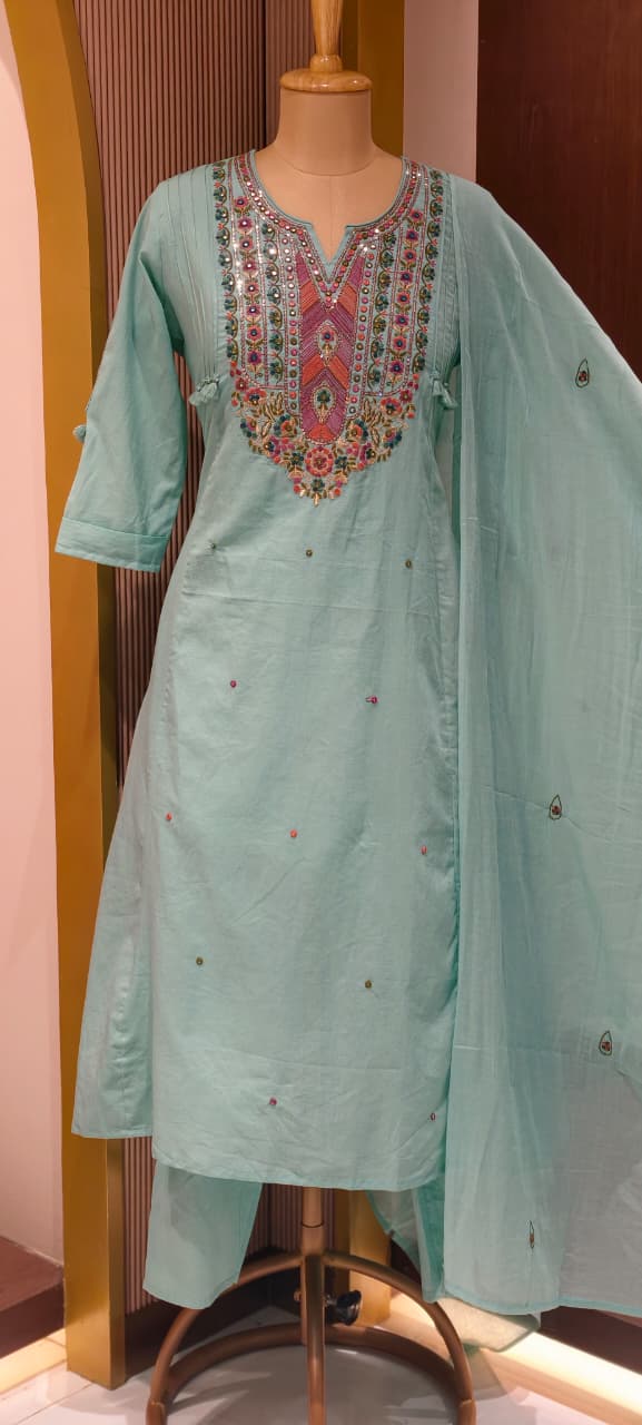 Boho Chic Intricate Multicolor Thread Embroidery A-Line Full Suit Set With Dupatta In Silli Cotton Fabric- 14151 RB153