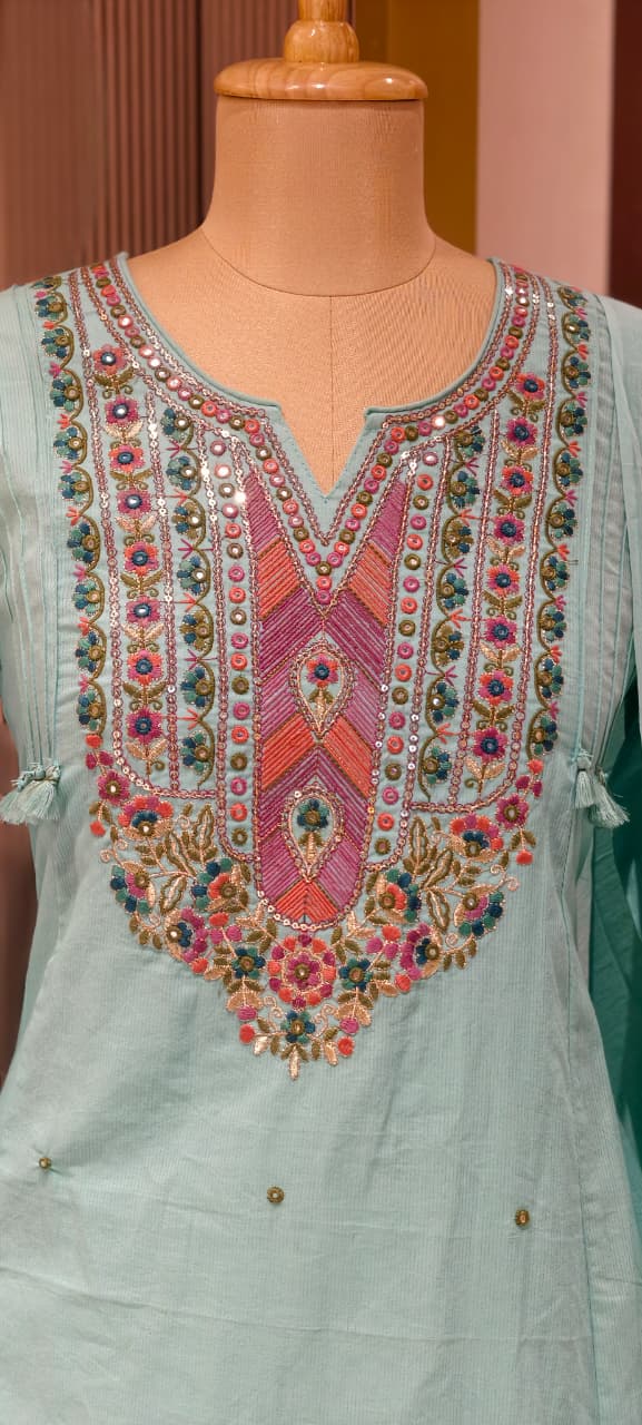 Boho Chic Intricate Multicolor Thread Embroidery A-Line Full Suit Set With Dupatta In Silli Cotton Fabric- 14151 RB153