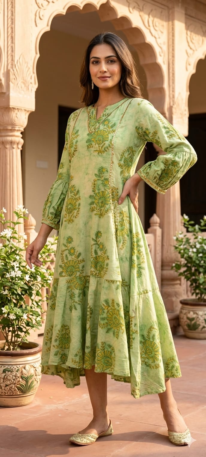 Summer Friendly Floral Printed Layered Beautiful Ankle Length Frock In Cotton Fabric- 14172 RB157