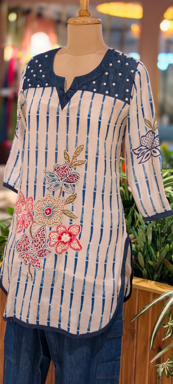 Iris Stripe Gul-Bahar Embroidered Peral Touch Co-Ord Set With Denim Look Bottom- 14131 RB156