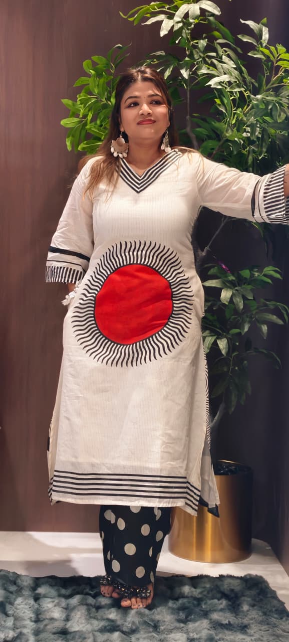 Sun Inspired Printed Kurta With Polka Dotted Pant In Premium Mul Cotton Fabric- 14139 RB145