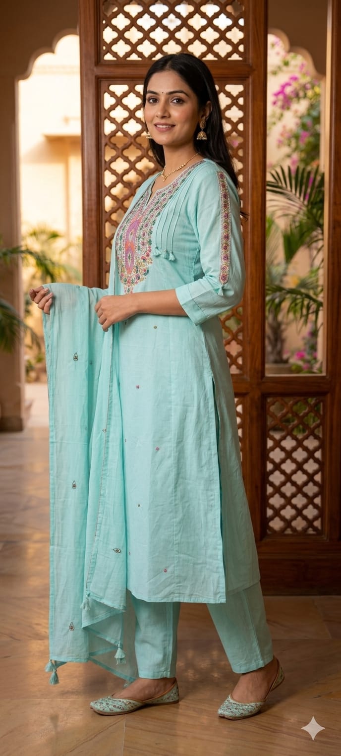 Boho Chic Intricate Multicolor Thread Embroidery A-Line Full Suit Set With Dupatta In Silli Cotton Fabric- 14151 RB153