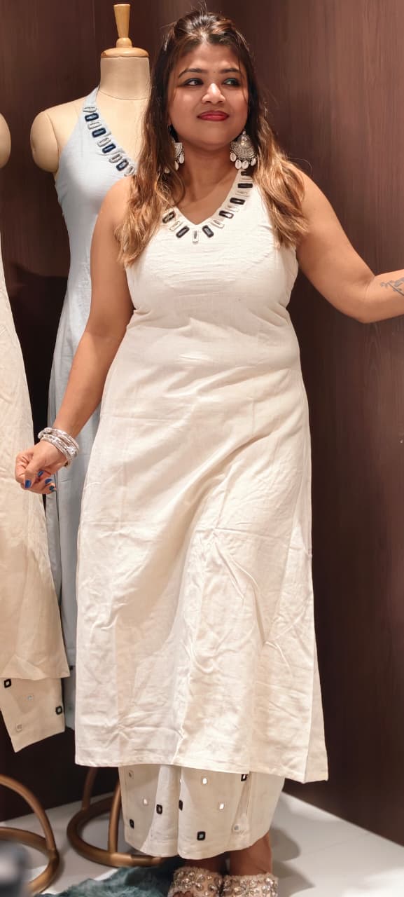 Real Mirror Halter Neckline Summer Friendly Solid Kurta Pant Set In Cotton Fabric- 14177 RB169