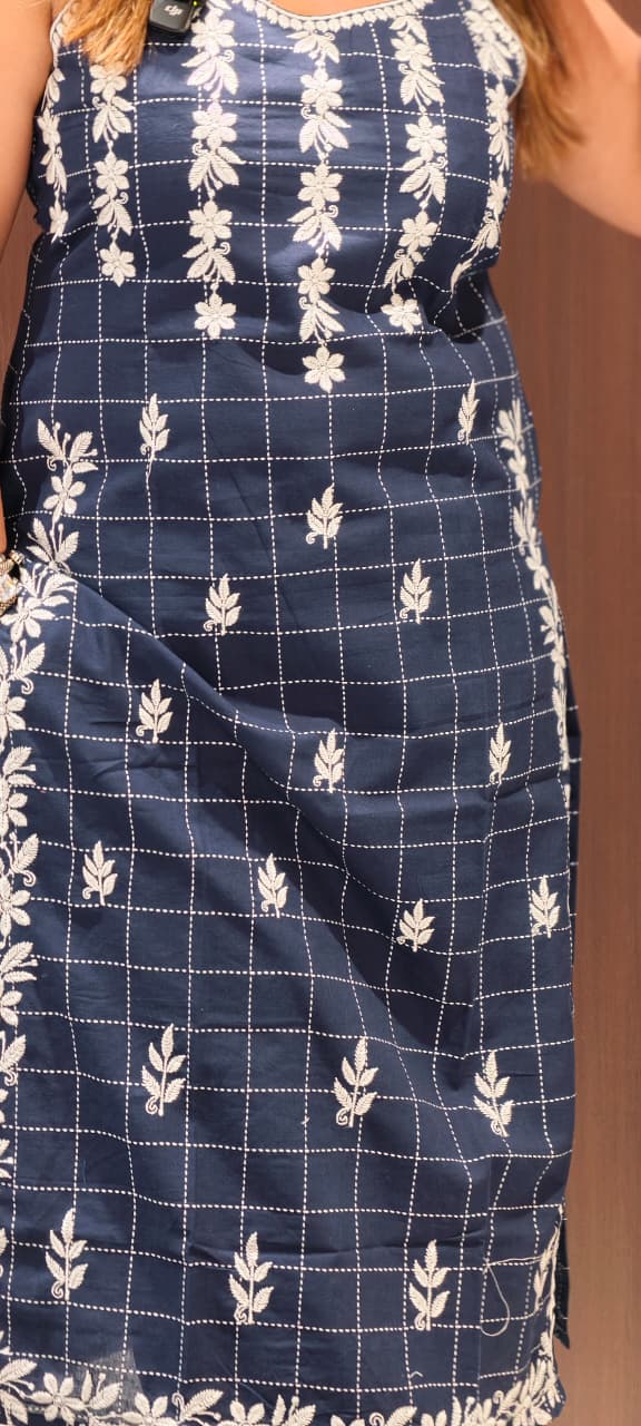 Checks Indigo Handloom Cotton Noodle Strap Kurta Set with Floral Buta Print Loose Pants-14189 RB172