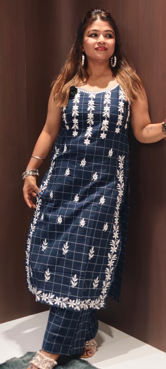 Checks Indigo Handloom Cotton Noodle Strap Kurta Set with Floral Buta Print Loose Pants-14189 RB172