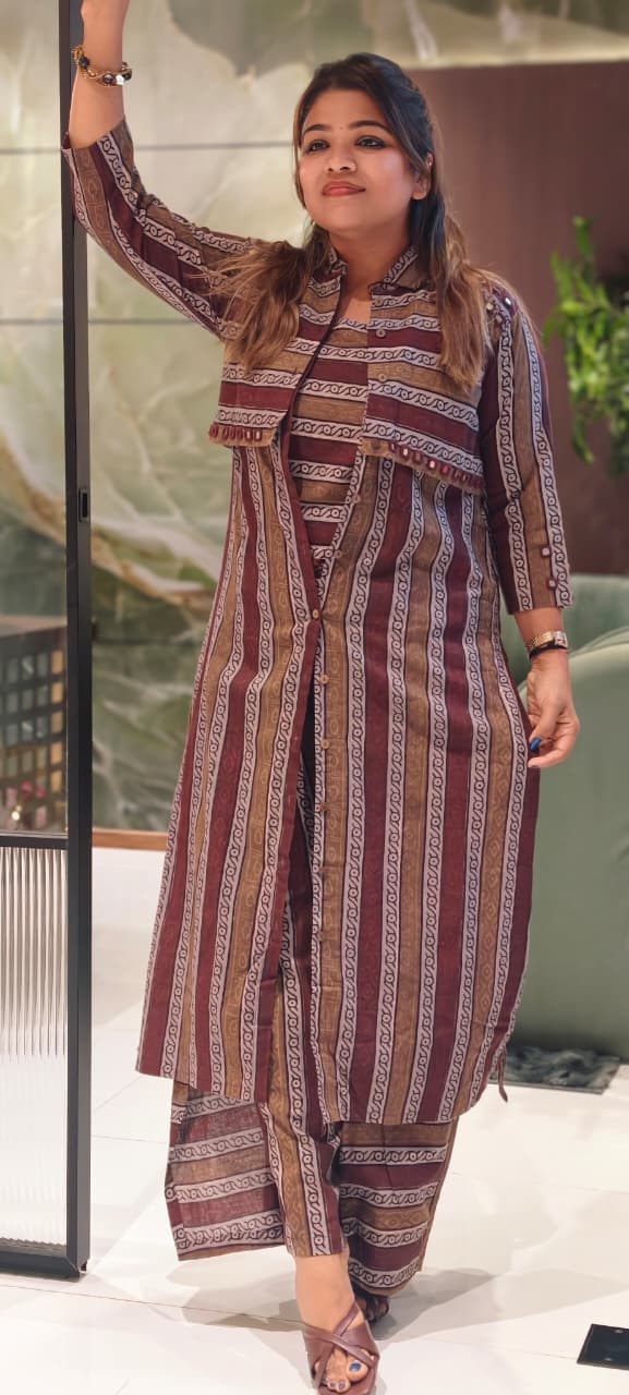Handloom Cotton 3-Piece Kurta Pant Set with Printed Short attached Jacket Overlay-14191 RB180