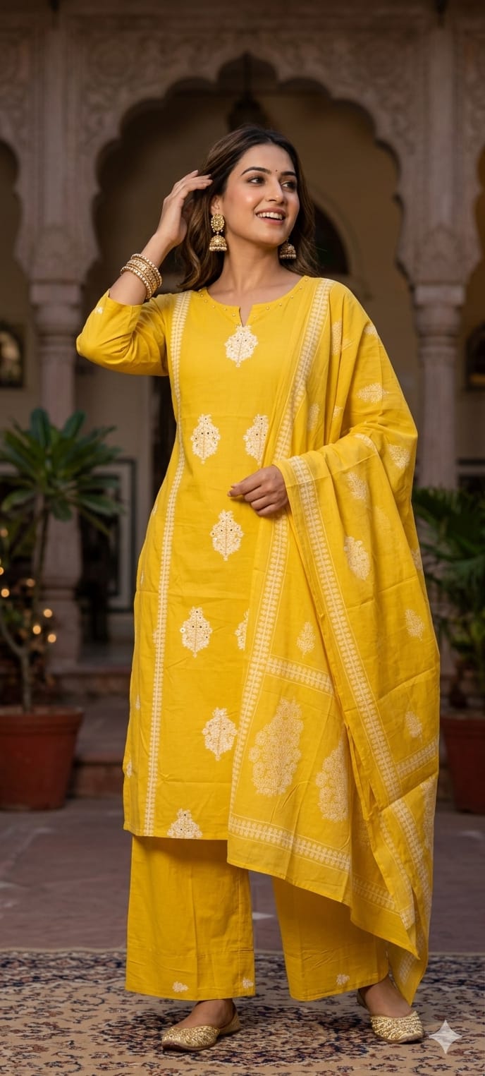 Elegant Cotton Full Suit Set with Embroidery Kurta with Bottom And Dupatta Lean Fit-14153 RB185