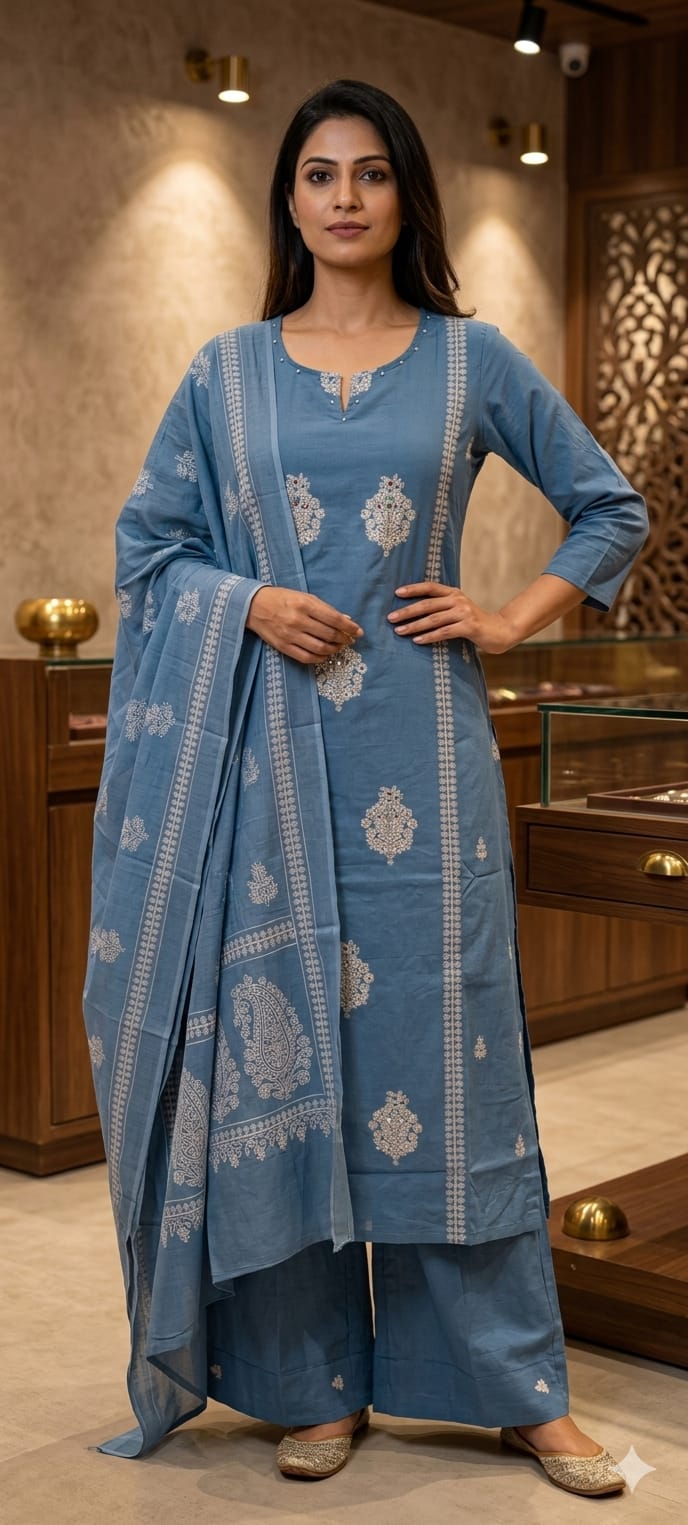 Elegant Cotton Full Suit Set with Embroidery Kurta with Bottom And Dupatta Lean Fit-14153 RB185