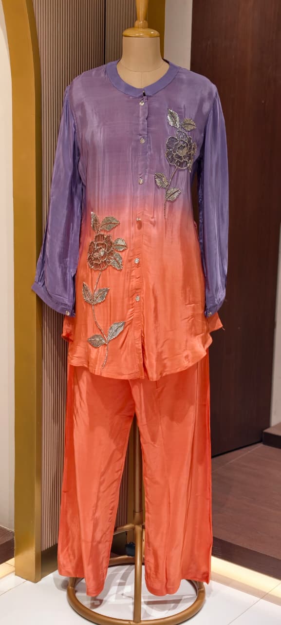 Oxidised Petal Hand-Embroidered Soft Gradient Floral Crepe Co-Ord Set- 14242