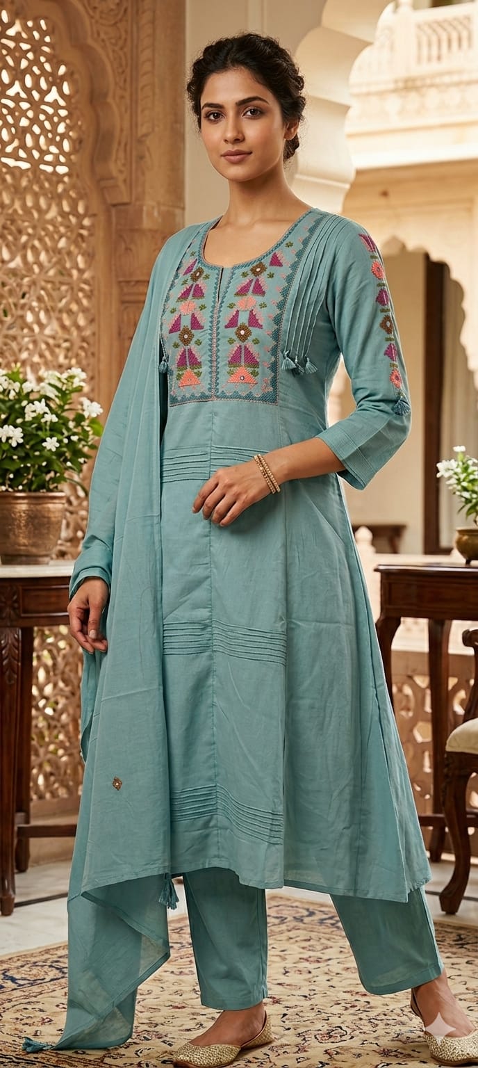 Thread Embroidered Silli Cotton A-Line Full Suit Set with Dupatta With Pintuck Detailing- 14293 RB330