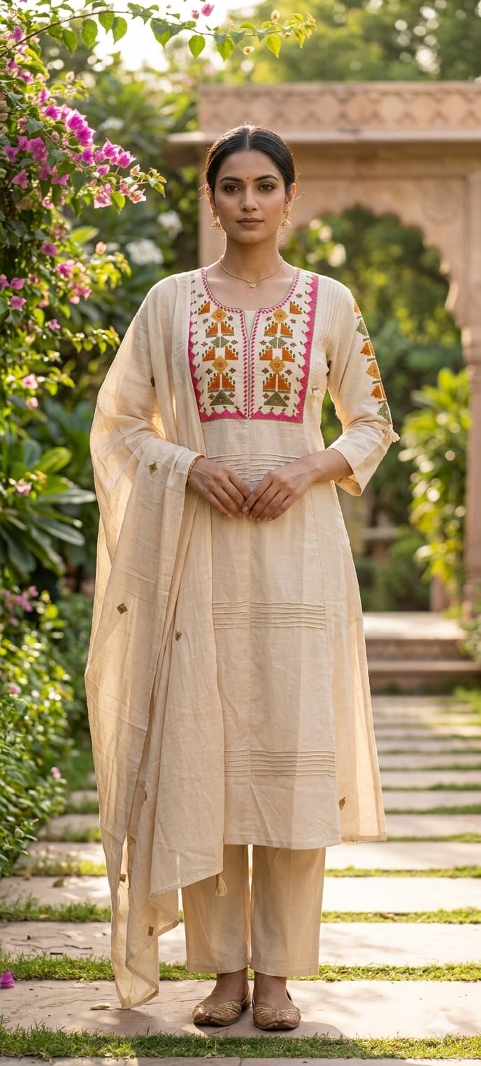 Thread Embroidered Silli Cotton A-Line Full Suit Set with Dupatta With Pintuck Detailing- 14293 RB330