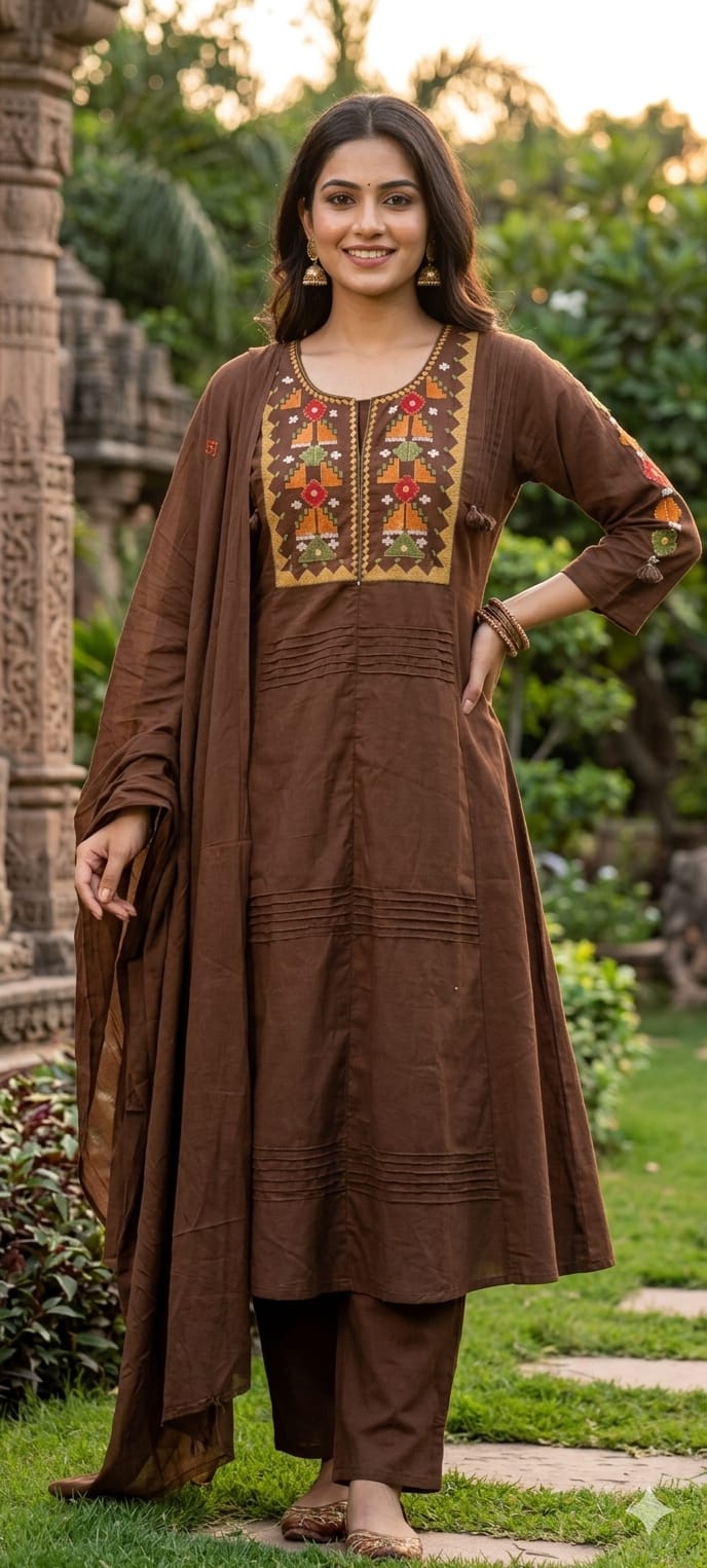 Thread Embroidered Silli Cotton A-Line Full Suit Set with Dupatta With Pintuck Detailing- 14293 RB330