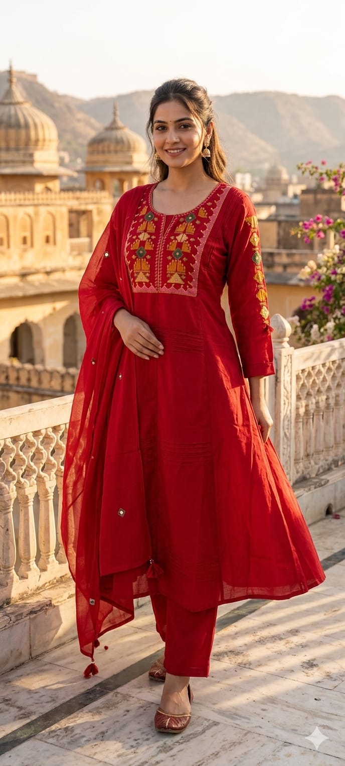 Thread Embroidered Silli Cotton A-Line Full Suit Set with Dupatta With Pintuck Detailing- 14293 RB330