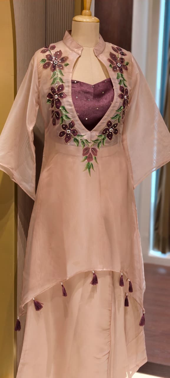 Elegant Digital Floral Print Tasseled Kurta With Buster & Bottom In Tissue Fabric- 14315,17 RB217
