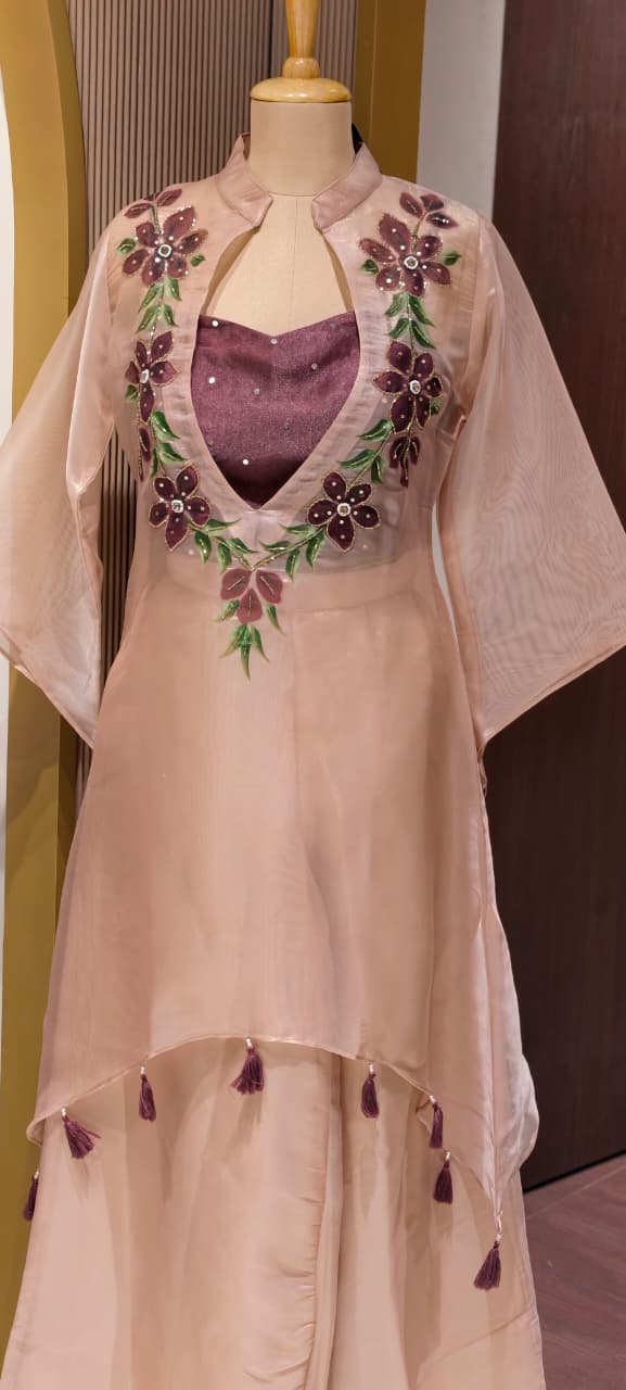 Elegant Digital Floral Print Tasseled Kurta With Buster & Bottom In Tissue Fabric- 14315,17 RB217
