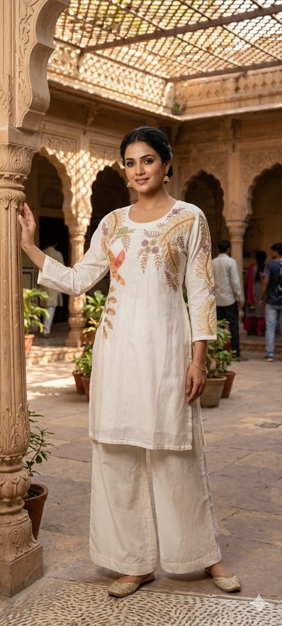 Figure Printed Co-Ord Set With Golden Outline Work In Mul Chanderi Fabric-13925