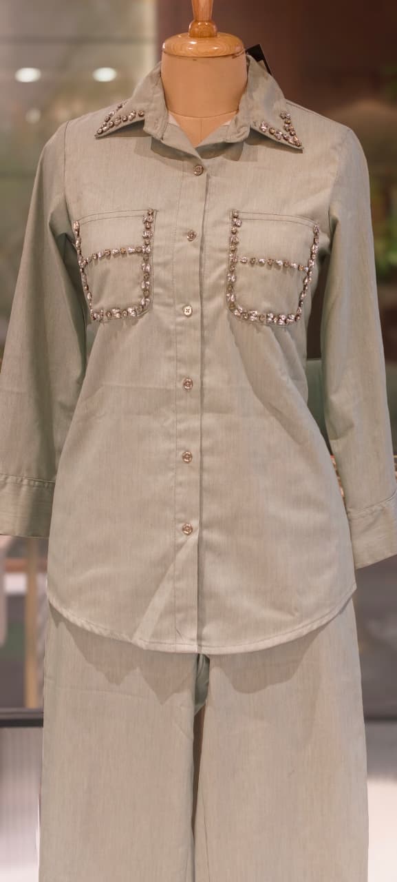 Stylish Beads Stone Work On Shoulder Solid Denim Co-Ord Sets-14339