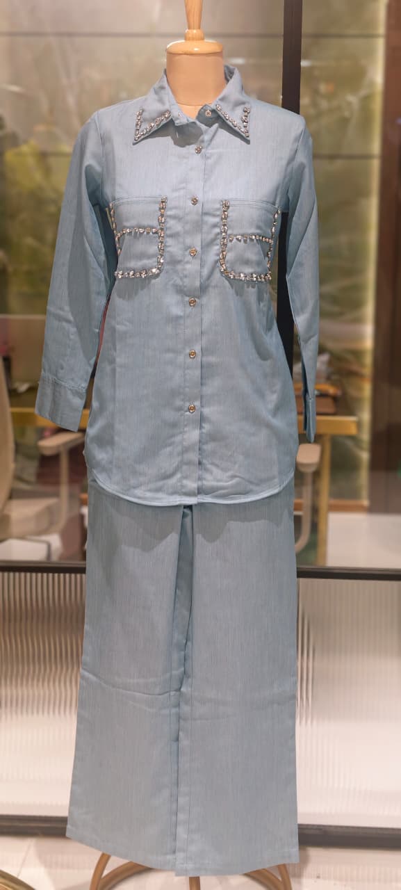 Stylish Beads Stone Work On Shoulder Solid Denim Co-Ord Sets-14339
