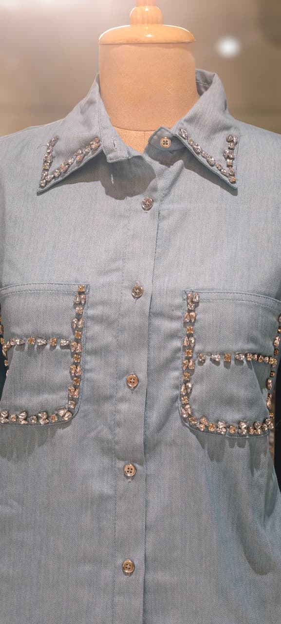 Stylish Beads Stone Work On Shoulder Solid Denim Co-Ord Sets-14339