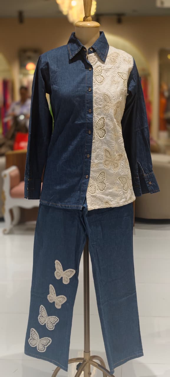 All Over Scattered Butterfly Patch Dual Tone Denim Co-Ord Set-14340
