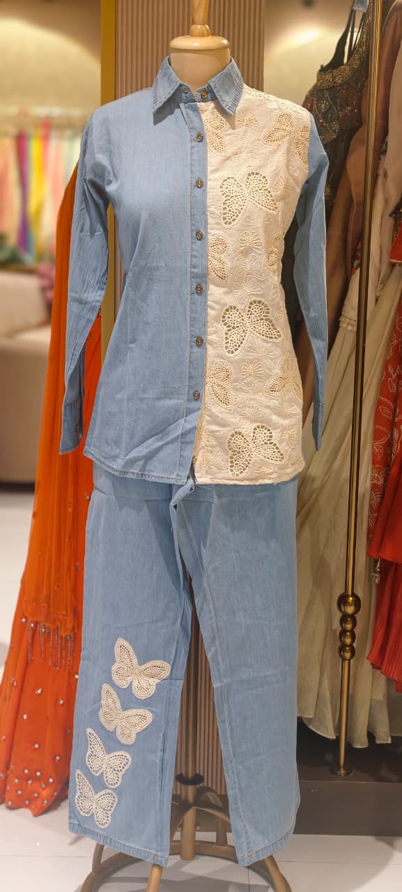All Over Scattered Butterfly Patch Dual Tone Denim Co-Ord Set-14340