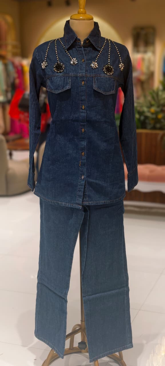 Reinstone Over Pocket & Collar Smart Look Solid Denim Co-Ord Set-14337 RB226