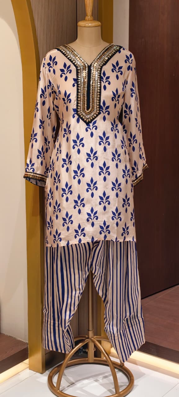 Pure Crepe Placement Print Stylish Neckline Kurta Pant Set- 14321 RB223