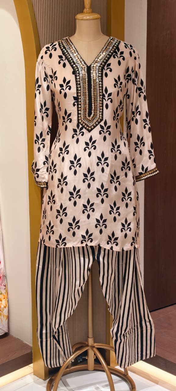 Pure Crepe Placement Print Stylish Neckline Kurta Pant Set- 14321 RB223